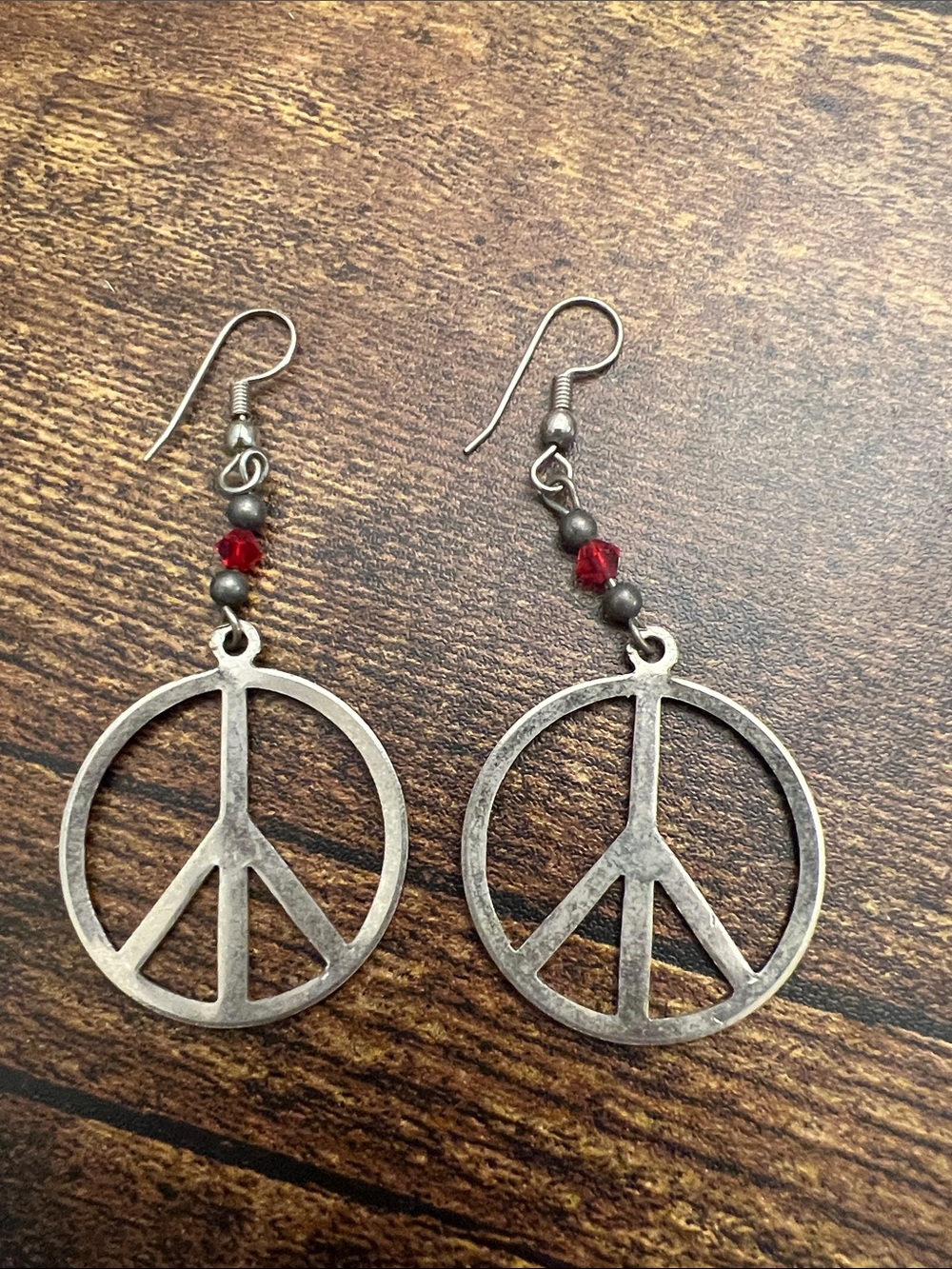 Peace Sign Dangle Earrings with Red Beads - Women Jewelry
